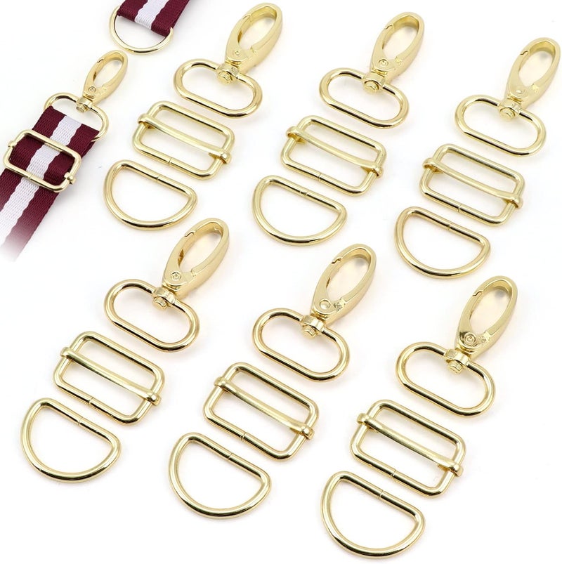 PECMER Purse Hardware for Bag Making 1 Inch D Ring 18 Pcs Gold Swivel Clasp Snap Hooks Slide Buckles for Strap Adjuster Dog Collar Making Supplies - Image 1